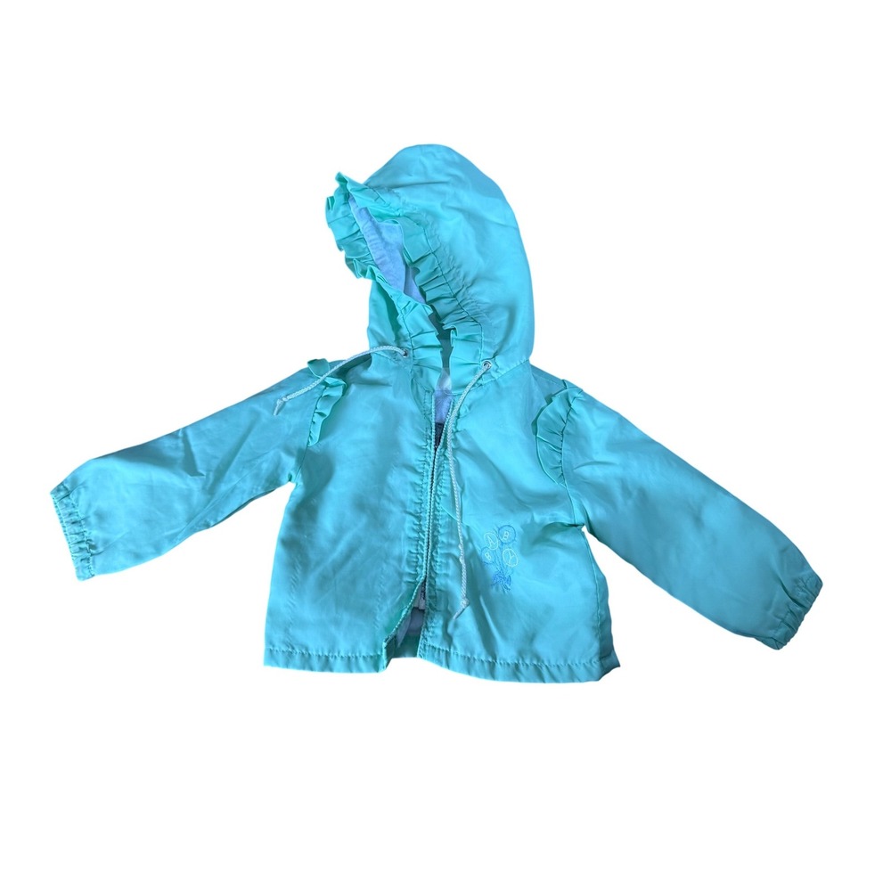 Vintage Baby Ruffle Hooded Windbreaker Jacket Mint Green Aqua Balloon Embroidery